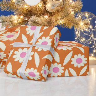 Groovy Retro Gänseblümchen Blumenmuster auf orange Geschenkpapier