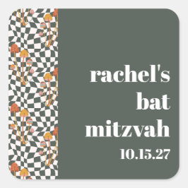 Groovy Retro Green Mushrooms Custom Bat Mitzvah Quadratischer Aufkleber