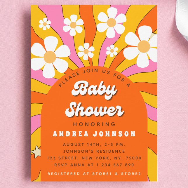 Groovy Retro Hippie Arch Daisy Floral Baby Dusche Einladung (Von Creator hochgeladen)