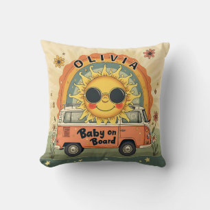 Groovy Retro lächelndes Baby Sonne, Peace & Love V Kissen