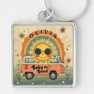 Groovy Retro lächelndes Baby Sonne, Peace & Love V Schlüsselanhänger