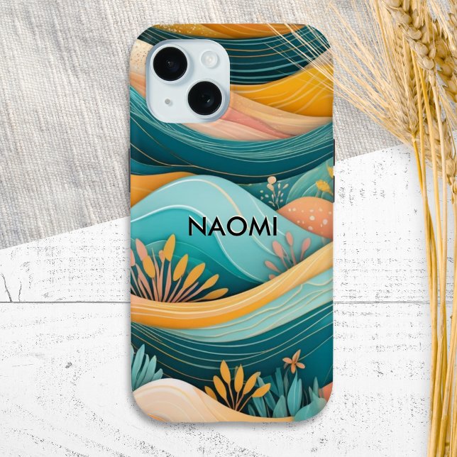 Groovy Retro Landschaft Personalisiert iPhone 16 Pro Hülle (A stylish personalized phone case, with illustration of rolling hills in a retro groovy style)