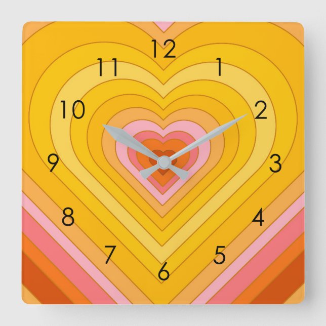 Groovy Retro Layered Heart     Quadratische Wanduhr (Vorderseite)