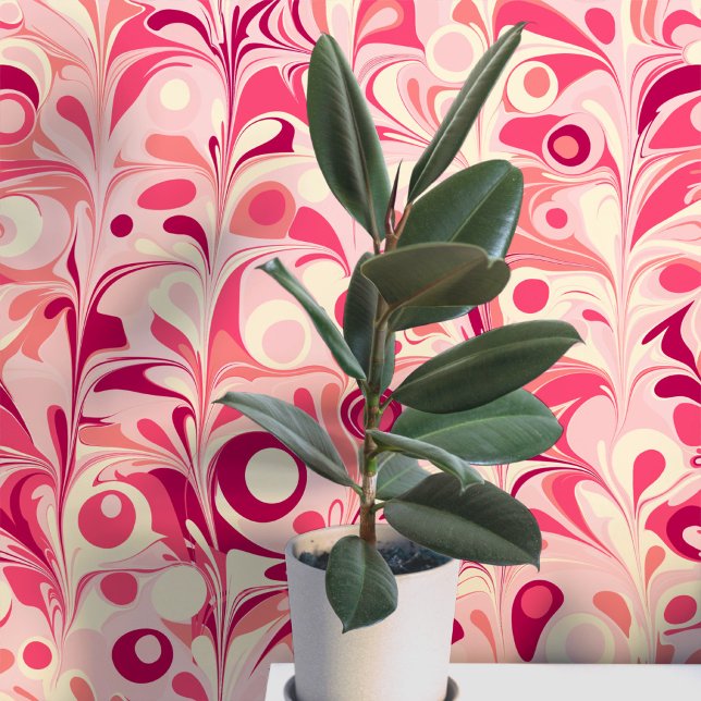 Groovy Retro Marbled Pink Tapete (Fun retro marbled pink peel and stick art wallpaper)
