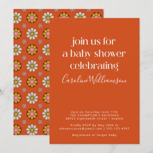 Groovy Retro Orange 70er Jahre Blumen Baby Shower Einladung