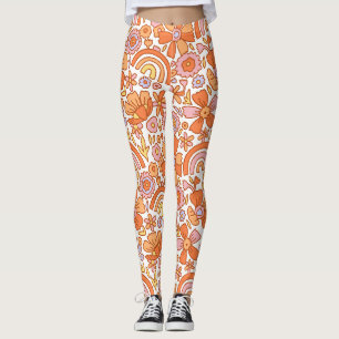 Groovy Retro Orange Blumenmuster Leggings
