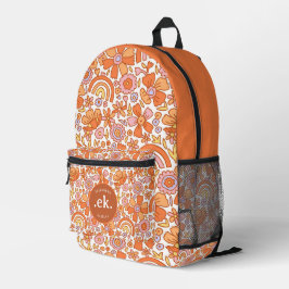 Groovy Retro Orange Florals Monogram Bedruckter Rucksack
