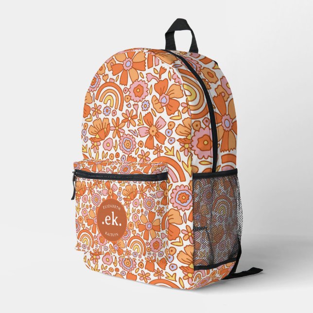 Groovy Retro Orange Florals Monogram Bedruckter Rucksack (Rückseitige Ecke Rechts)