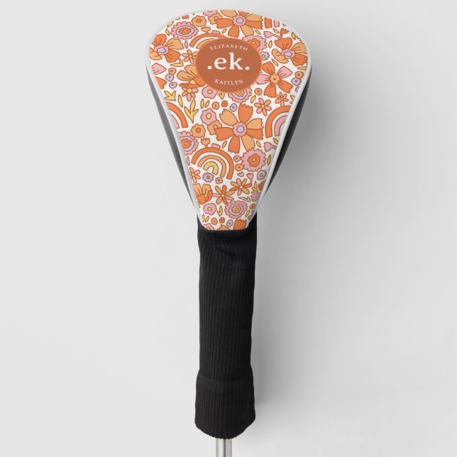Groovy Retro Orange Florals Monogram Golf Headcover (Vorderseite)