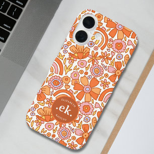 Groovy Retro Orange Florals Monogram iPhone 16 Hülle