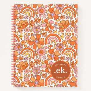 Groovy Retro Orange Florals Monogram Notizbuch