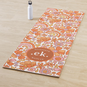 Groovy Retro Orange Florals Monogram Yogamatte