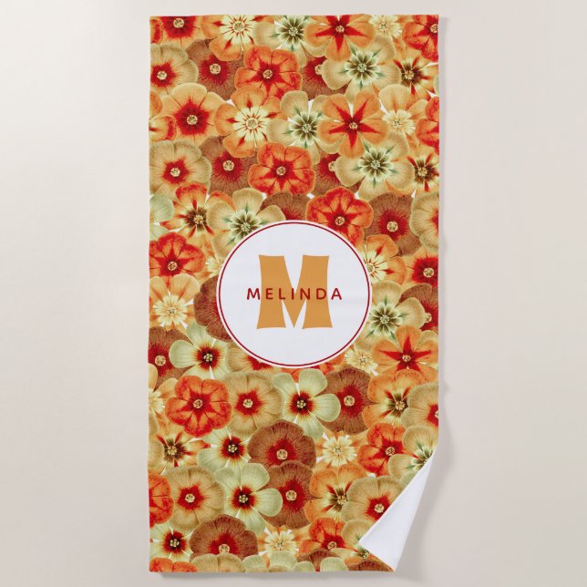 Groovy Retro Orange Hippie Blume Monogramm Strandtuch (Vorderseite)