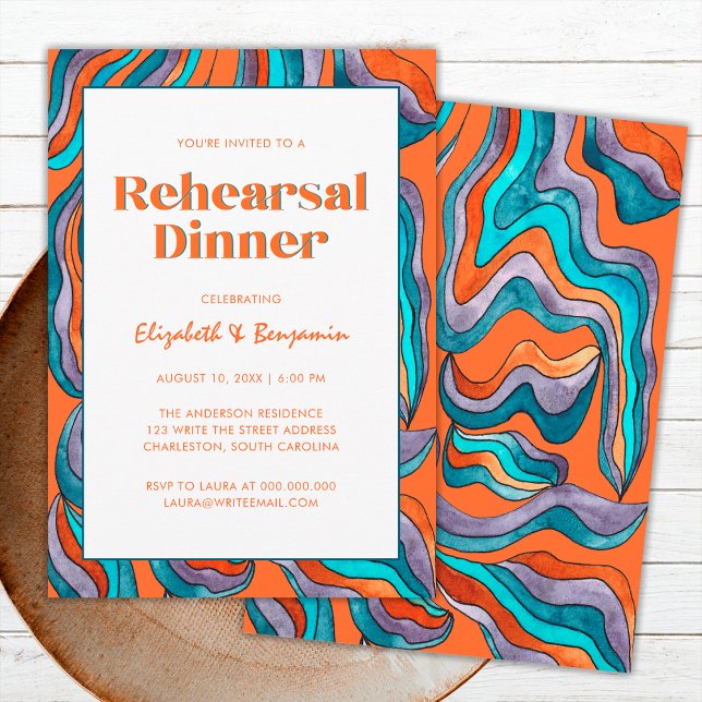 Groovy Retro Orange Wavy Hochzeit Probe Dinner Einladung (Front and Back)