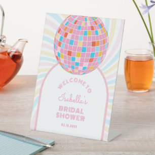 Groovy Retro Pink Disco Ball Brautparty Willkommen Sockelschild