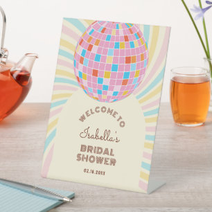 Groovy Retro Pink Disco Ball Brautparty Willkommen Sockelschild