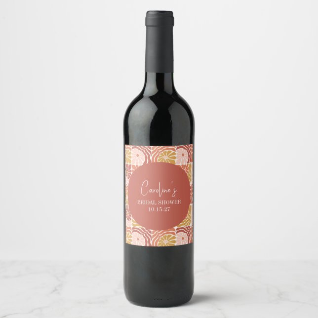 Groovy Retro Rosa Rostflorentrost Brautparty Weinetikett (Vorderseite)