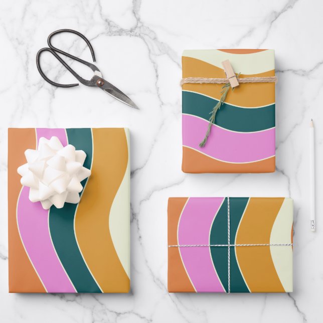 Groovy Retro Rosa und grüne Wavy Lines Geschenkpapier Set (Vorderseite)