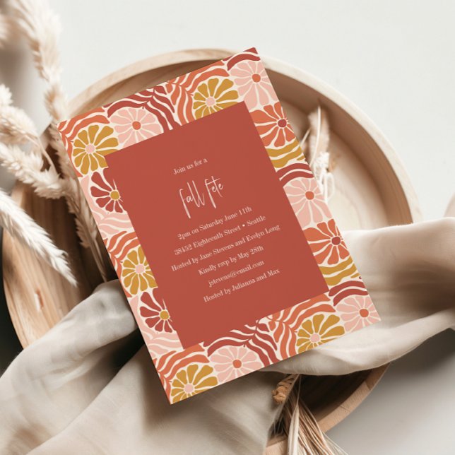 Groovy Retro rosafarbener Rost Floral Boho Fall Fe Einladung (Von Creator hochgeladen)