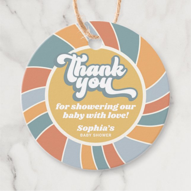 Groovy Retro Sunshine Baby Dusche Vielen Dank Geschenkanhänger (Vorderseite)