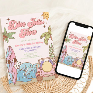 Groovy Retro Surf 5. Geburtstag Pink Einladung
