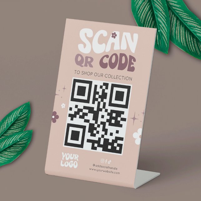 Groovy Retro Trendy Social Media Website QR Code Sockelschild (Modern groovy QR code sign - can be used for any type of scannable code: payment, website, socials)