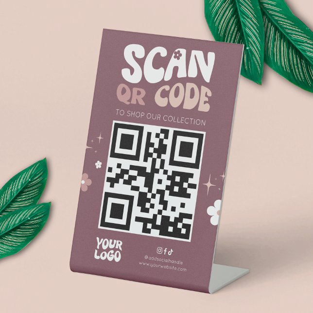 Groovy Retro Trendy Social Media Website QR Code Sockelschild (Modern groovy QR code sign - can be used for any type of scannable code: payment, website, socials)