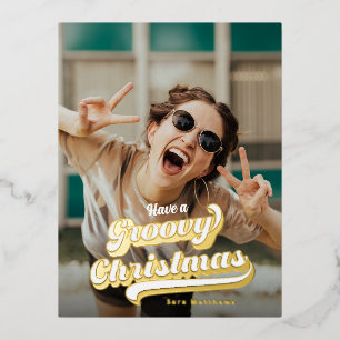 Groovy Retro-Typografie Weihnachten Gold Folien Feiertagspostkarte