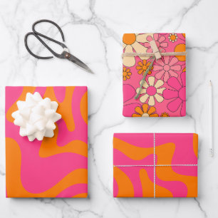 Groovy Retro Vintag 60er Hot Pink Orange Muster Geschenkpapier Set
