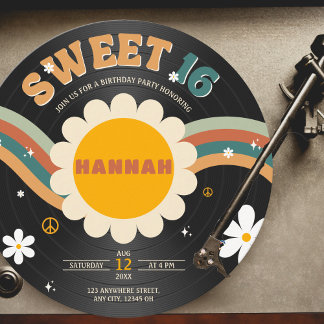 Groovy Retro Vinyl Record Girl's Sweet 16 Geburtst Einladung
