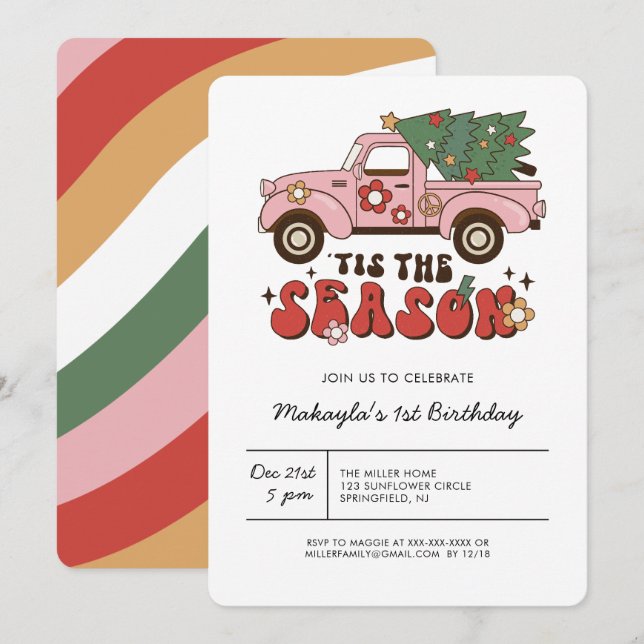 Groovy Retro Weihnachten Geburtstag Einladung (Vorne/Hinten)