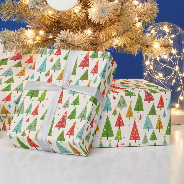 Groovy Retro-Weihnachtsbäume Geschenkpapier (Feiertage)