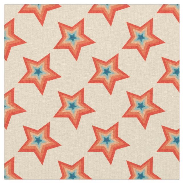 Groovy Retro-Weihnachtssterne Rot Orange Blau Stoff (Nahaufnahme)
