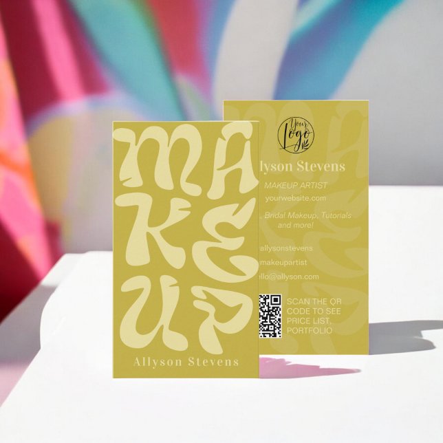 Groovy Retrolim grünes Logo qr Code Makeup Visitenkarte (Groovy retro lime green logo qr code Makeup Business Card)