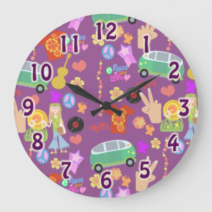 Groovy Sechzigerjahre lila Liebe-Muster Große Wanduhr