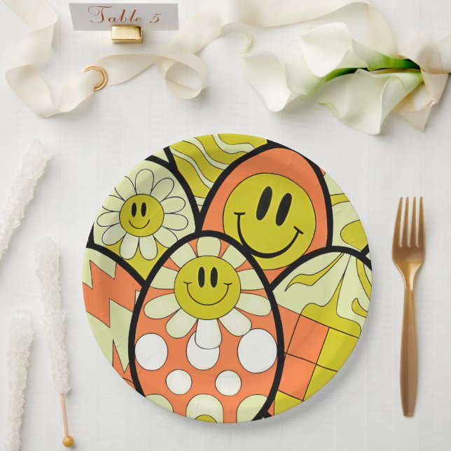 Groovy Smiley Face Ostern Party Teller Papierplatt (Hochzeit)