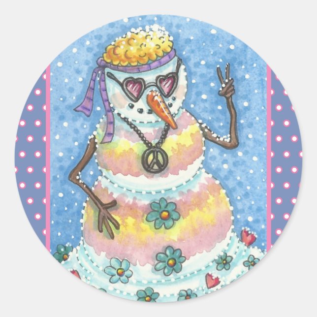 GROOVY SNOWMAN, PEACE SIGN CHRISTMAS STICKERS RUND (Vorderseite)