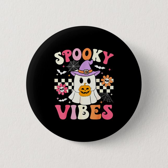 Groovy Soky Vibes Retro Ghost Holding Pumpkin Hall Button (Vorderseite)