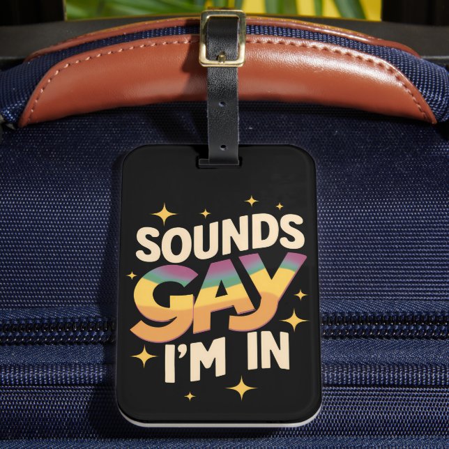 Groovy Sounds Gay I bin in LGBT Rainbow Pride Gepäckanhänger (Vorderseite Insitu 2)