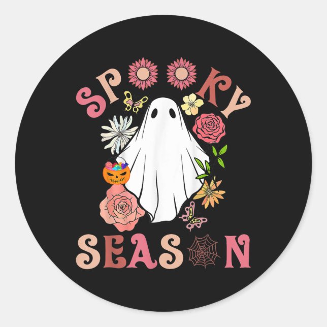 Groovy Spooky Season Niedlich Ghost Holding Pumpki Runder Aufkleber (Vorderseite)