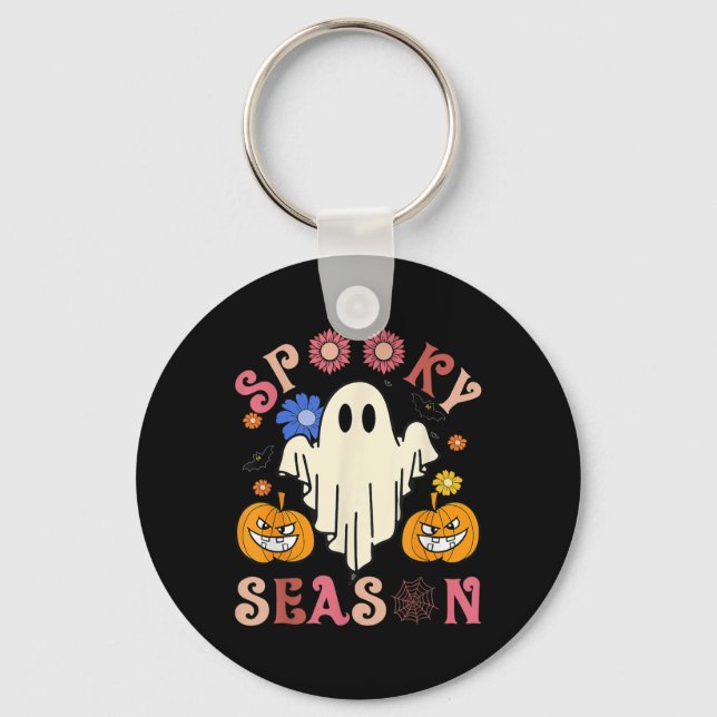 Groovy Spooky Season Niedlich Ghost Holding Pumpki Schlüsselanhänger (Vorderseite)