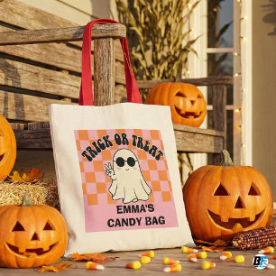Groovy Spooky Season Pink Orange Schachbrett Pers Tragetasche