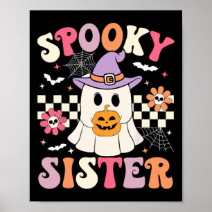 Groovy Spooky Sister Retro Ghost Holding Pumpkin H Poster