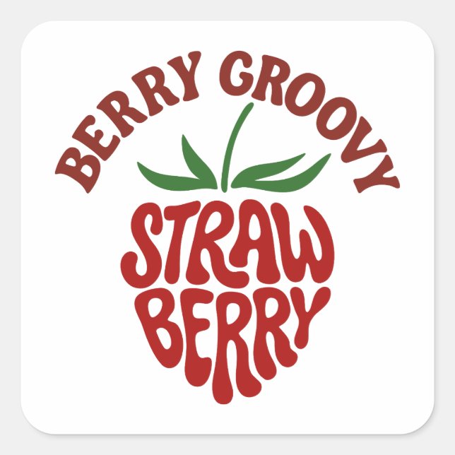 Groovy Strawberry Retro 70er Vibes Quadratischer Aufkleber (Vorderseite)
