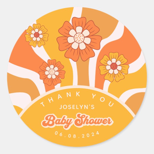 Groovy Sunshine 60er Retro Floral Baby Boy Dusche Runder Aufkleber (Vorderseite)