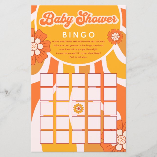 Groovy Sunshine Retro Baby Dusche Bingo Spiel (Vorderseite)