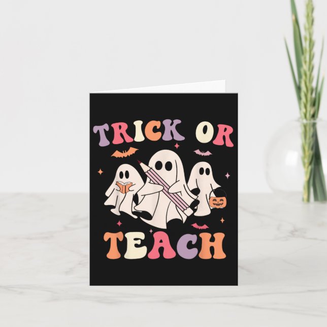 Groovy Teacher Halloween Retro Trick oder Teach Fl Karte (Vorderseite)