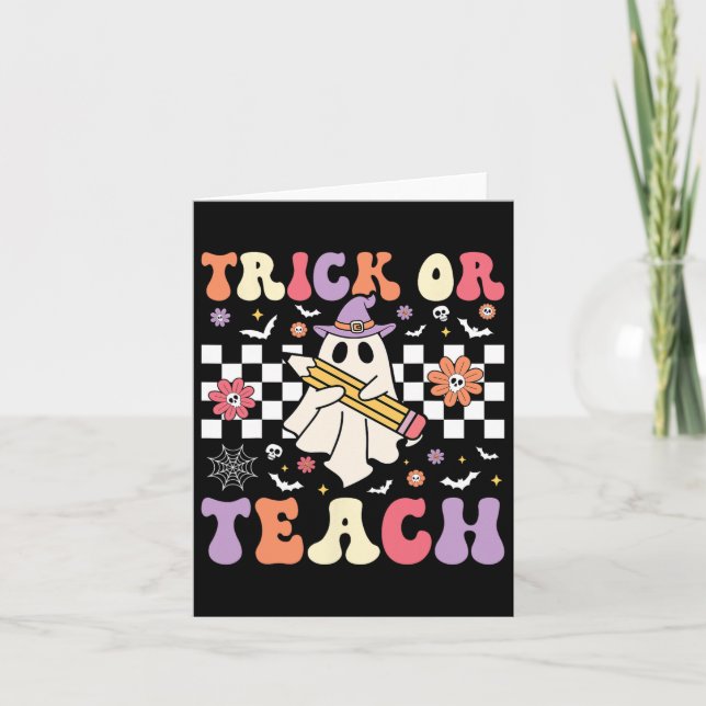 Groovy Teacher Halloween Retro Trick oder Teach Fl Karte (Vorderseite)