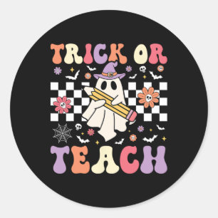 Groovy Teacher Halloween Retro Trick oder Teach Fl Runder Aufkleber