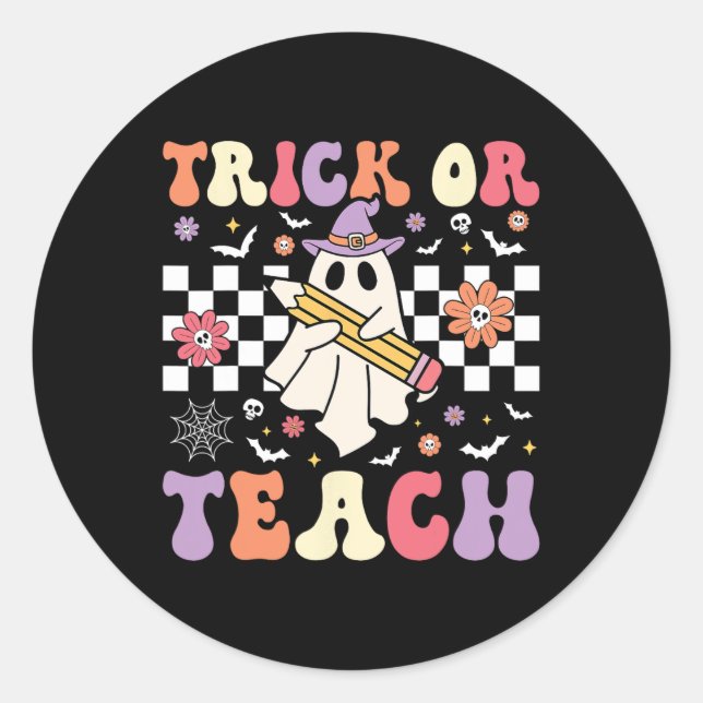 Groovy Teacher Halloween Retro Trick oder Teach Fl Runder Aufkleber (Vorderseite)